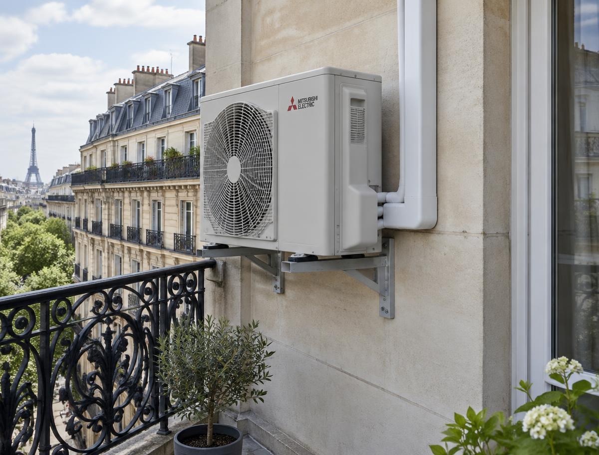 Unité extérieure de pompe à chaleur sur un balcon parisien
