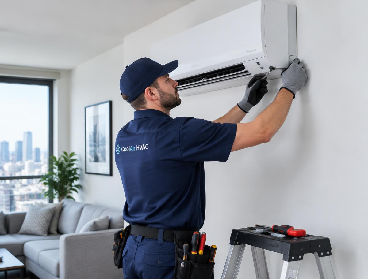 Technicien posant une unité intérieure de climatisation