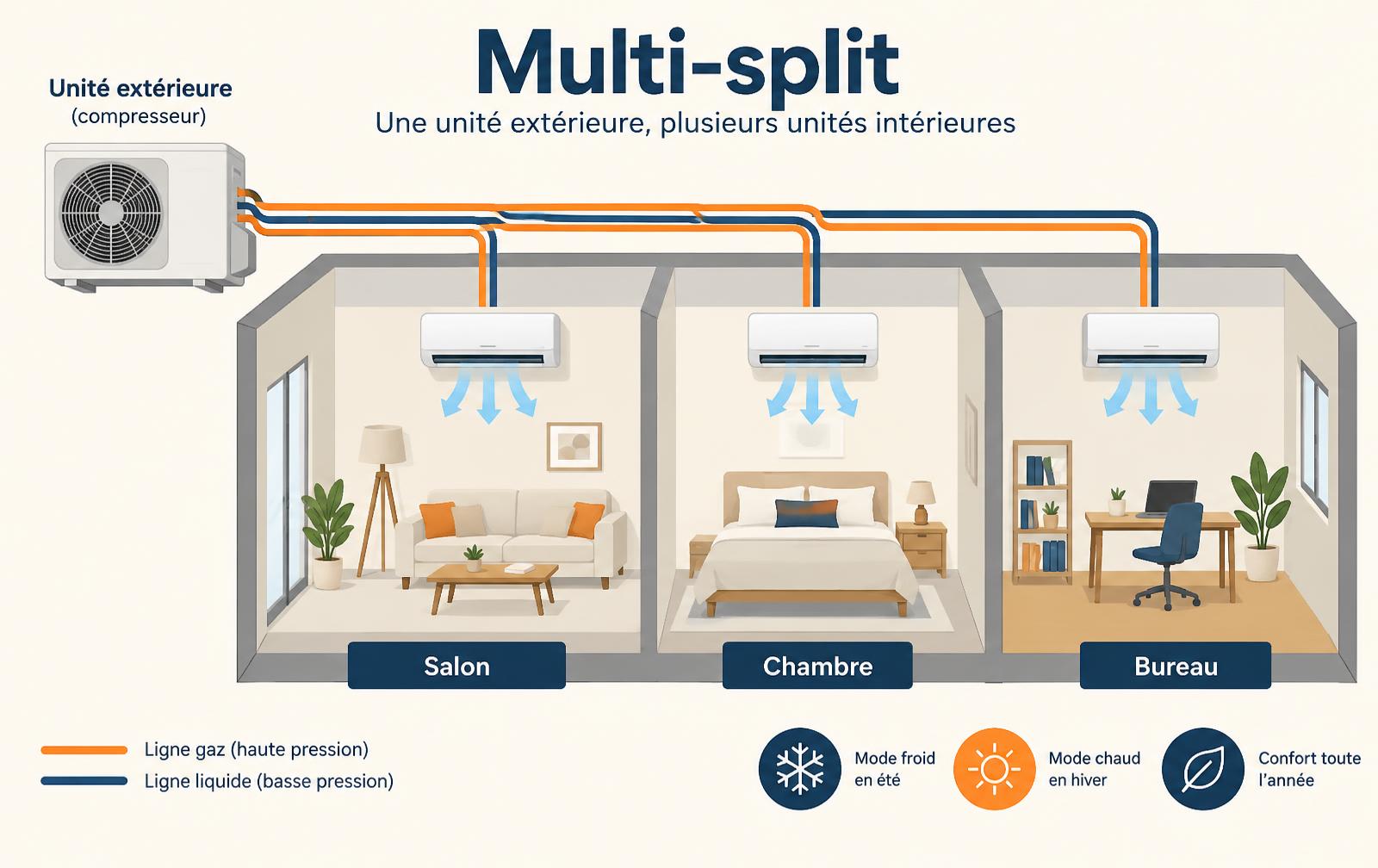Schéma d'une climatisation multi-split : une unité extérieure reliée au salon, à la chambre et au bureau