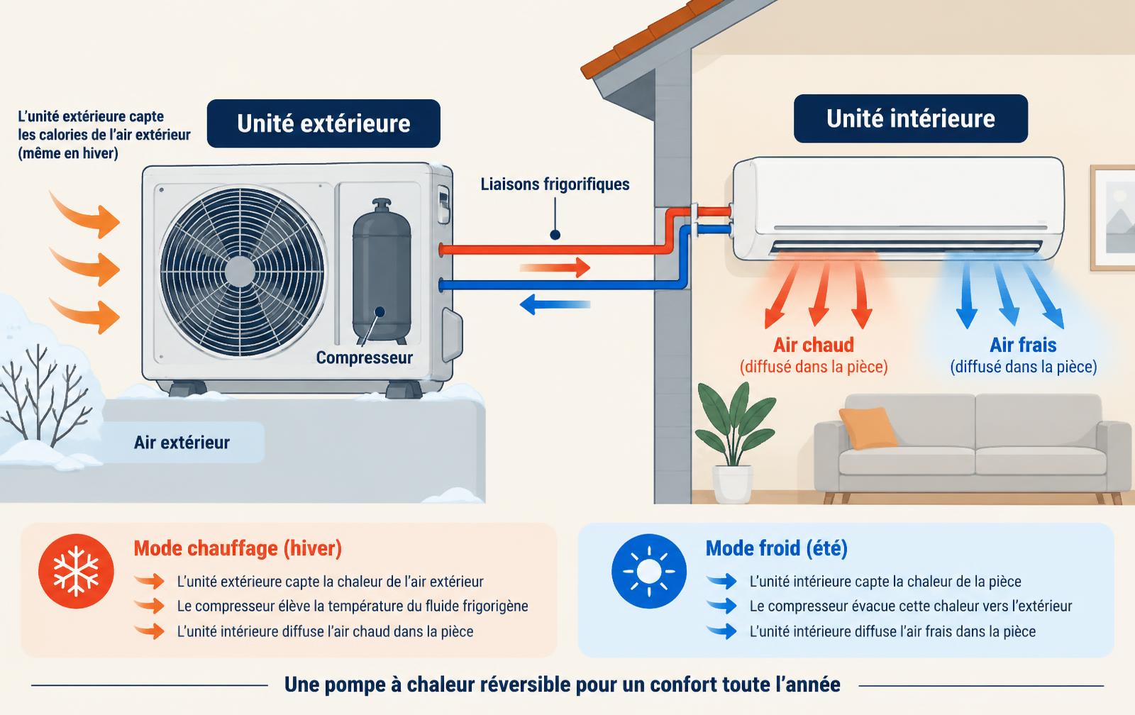Schéma d'une pompe à chaleur air-air réversible en mode chauffage et mode froid